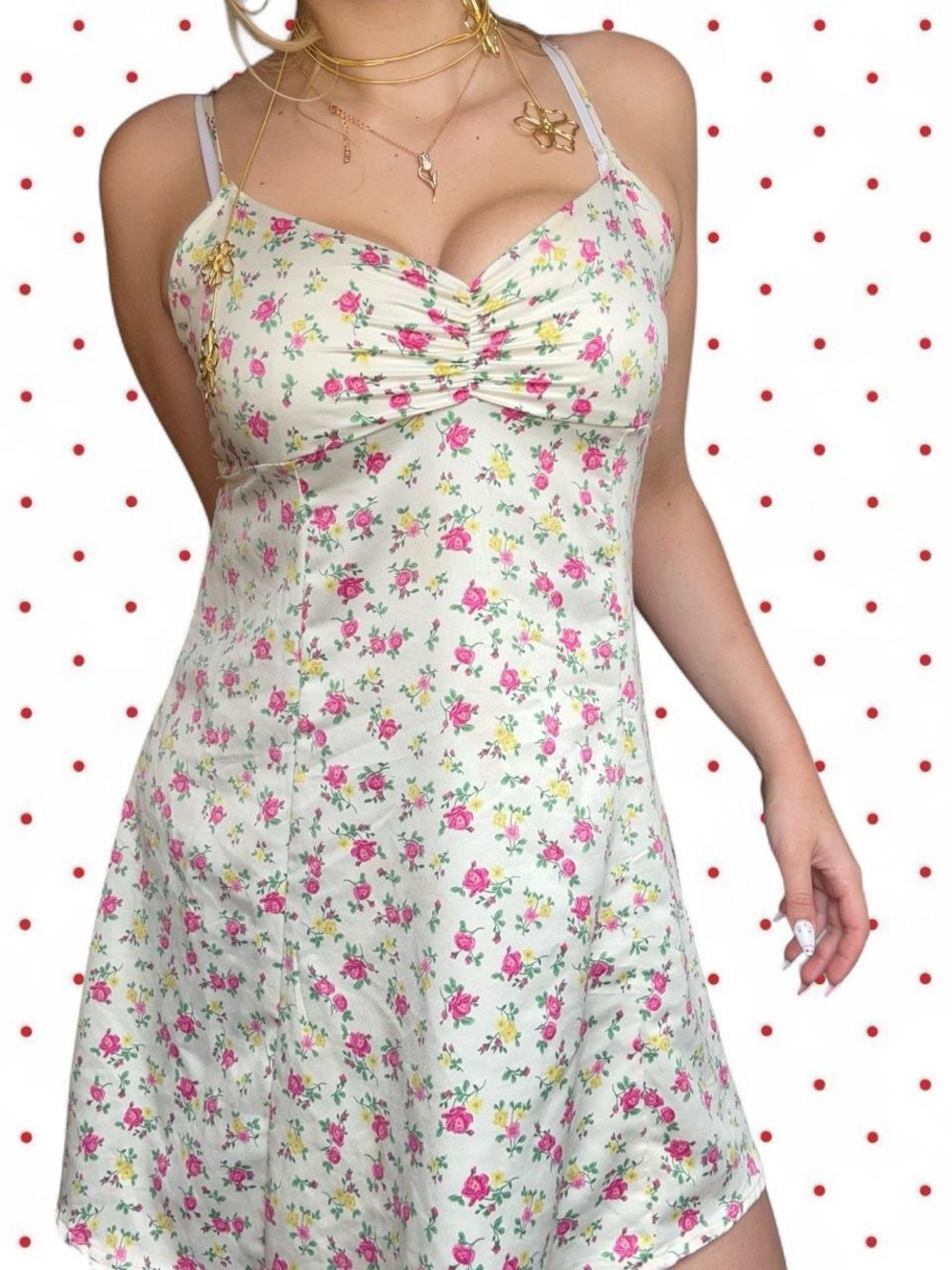 Floral Lace-Trim Camisole Slip Dress - Cream with Pink Rose Print
